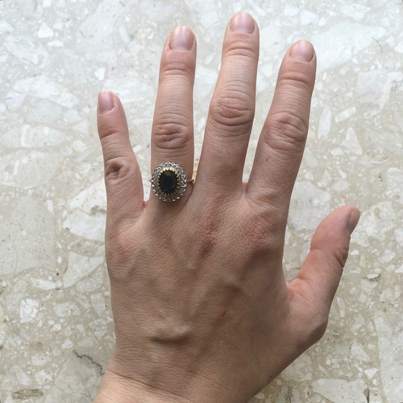 Vintage Sapphire Diamond Halo Yellow Gold Ring - Picture 2 of 11